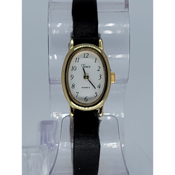 Retro Timex Oval Gold Tone/White Face/Thin Black Leather Classic Women\'s Watch